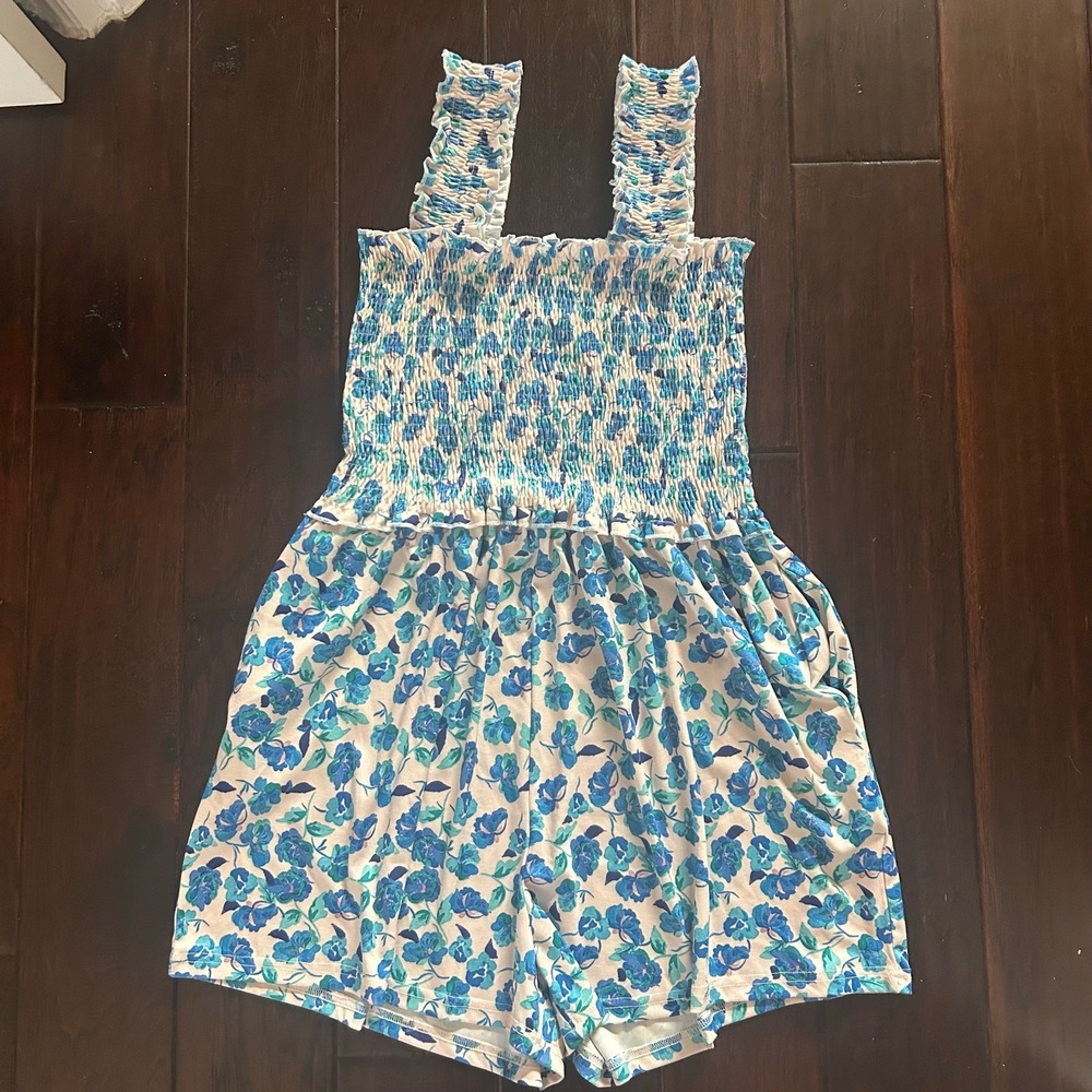 Floral Smocked Romper Blue Teal Ruffle Strap‎ Pocketed Jumpsuit M summer comfort